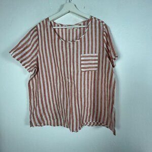 Christian Siriano Womens Red White Striped 100% Linen Top XL Short Sleeve Casual